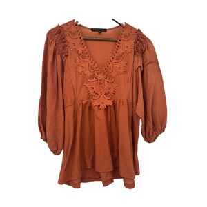 Always Indigo XL Womens Orange Boho Peasant Festival Flowy Lace Trim Tunic Top